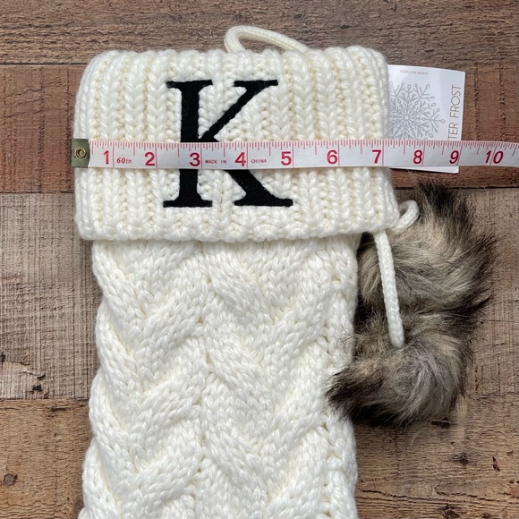 Knit Cream Faux fur Pom Poms Stocking Embroidered K NEW with Tags - Picture 5 of 5